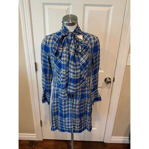 Rosie Assoulin Blue & Yellow Plaid V-Neck Shirt W/ Tie Neck, Size S